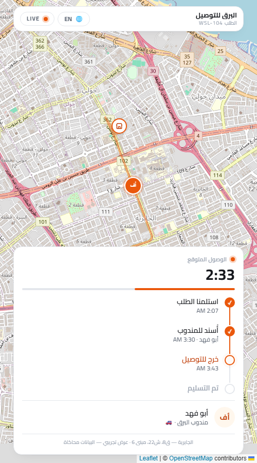 Wasl customer tracking page: a live map of Kuwait with the driver's route, an ETA countdown, and a delivery timeline — in Arabic.
